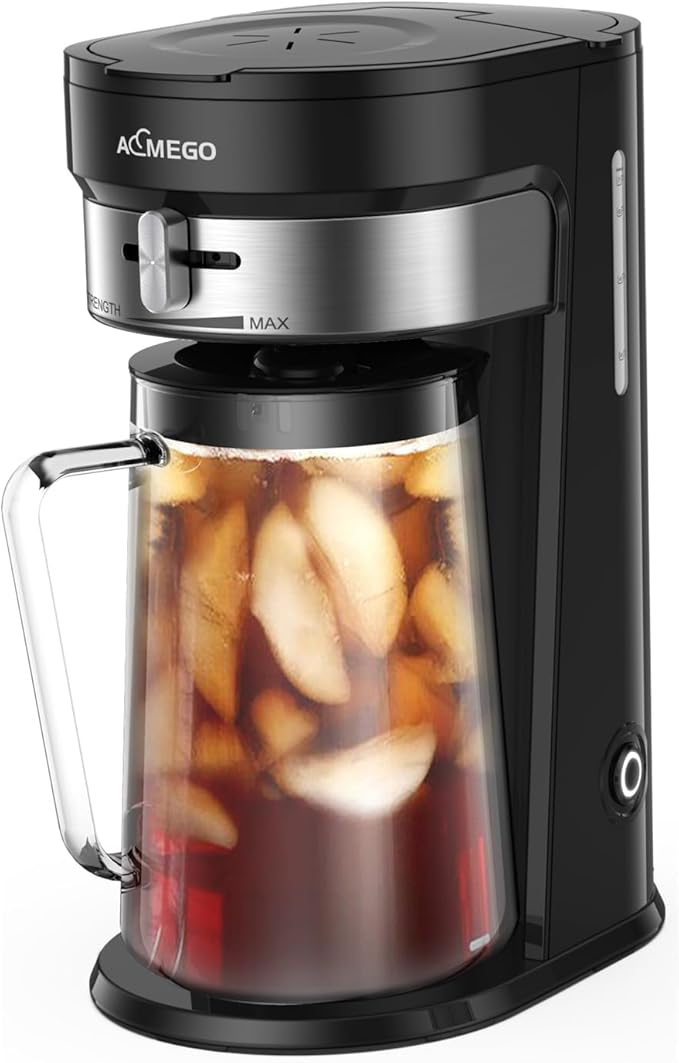 Iced Tea Maker, Brewing System with 2.5-quart Glass Pitcher, sliding strength selector, Stainless Steel Decoration, Reusable Filter (Black)