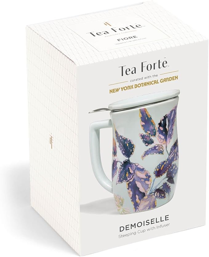 Tea Forte Ceramic Fiore Cup with Handle, Easter Basket Ideas, Removeable Stainless Steel Infuser Basket and Lid, Steeps 14 oz Loose Leaf Tea, Dishwasher & Microwave Safe, Demoiselle