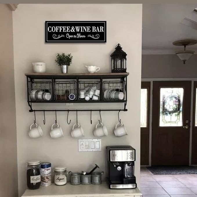 WOWGOOMO Coffee and Wine Bar Signs Decor, Classic Kitchen Wine Cabinet Decorative Signs & Plaques, Black Bar Accessories, 6x17 Inches