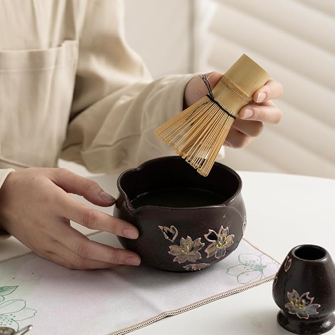 Japanese Matcha Tea Set with Hand-Painted Cherry Blossoms, Ceramic Matcha Bowl, Bamboo Whisk & Scoop – Traditional Tea Ceremony Kit, Gift Box Included