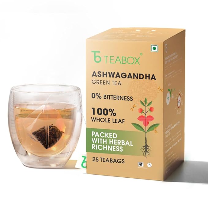 Teabox Ashwagandha Green Tea 25 Teabags | Ayurvedic Blend of Premium Green Tea and Natural Ashwagandha | Silken Pyramid Teabags