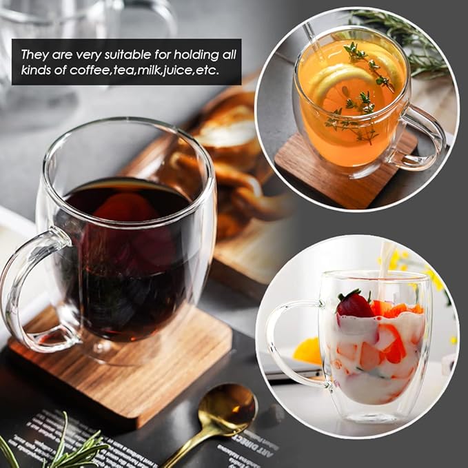 12oz Double Walled Glass Coffee Mugs with Handle, Clear Cappuccino Glass Mug Set of 4, Insulated Layer Coffee Cups, Clear Borosilicate Glass Mugs, Glasses Espresso Mugs for Coffee