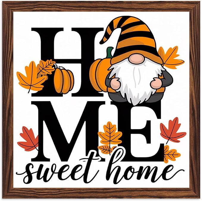 Rustic Home Sweet Home Wooden Sign, With Frame Farmhouse Fall Gnome Plaque Sign for Home Kitchen, Cafe, Bar, Garage Halloween Decor, Harvest Festival Decor 7.87x7.87 Inch by Nwijvsn