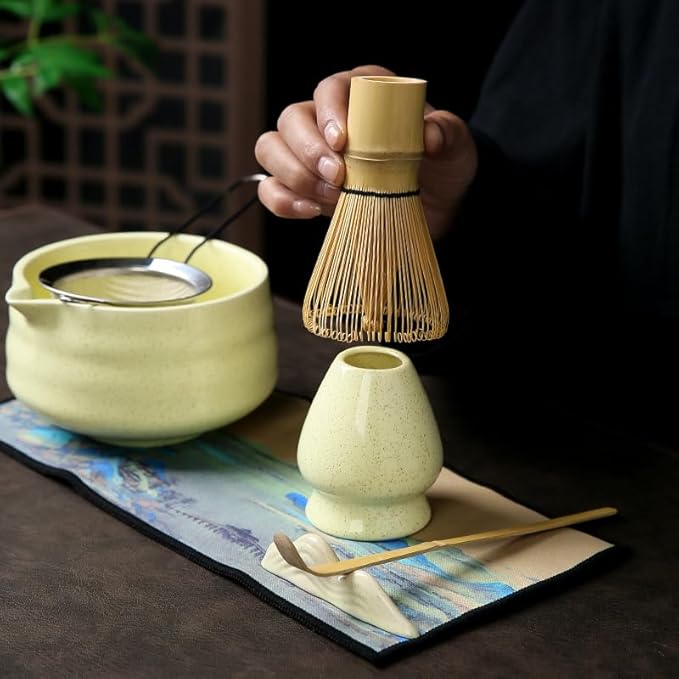 7 matcha whisk set 1 Matcha Whisk ，Matcha Bowl with Pouring Spout Scoop Matcha Whisk Holder Tea Making Kit. 1 matcha whisk set (7pcs), 15.2 Ounce (Yellow)