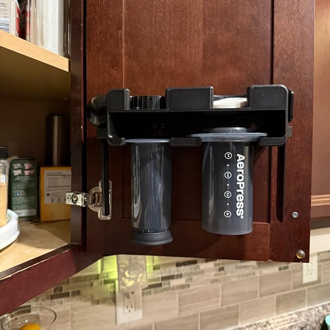 Coffee Station Organizer Wall Mount Compatible with AeroPress Original – Holder for Brewer, Filters & Accessories – Cabinet Door Storage Rack (Black)