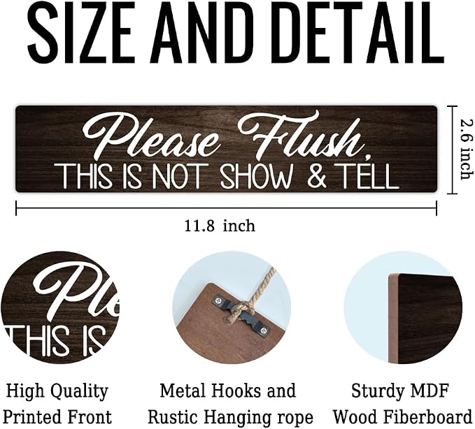 AGMDESIGN Please Flush This is Not Show and Tell Wood Sign, Funny Bathroom Decor for Shelf Wall Desk, Humorous Restroom Sign for Home Office Cafe, Farmhouse Bedroom Toilet Wooden Hanging Plaque - Image 2