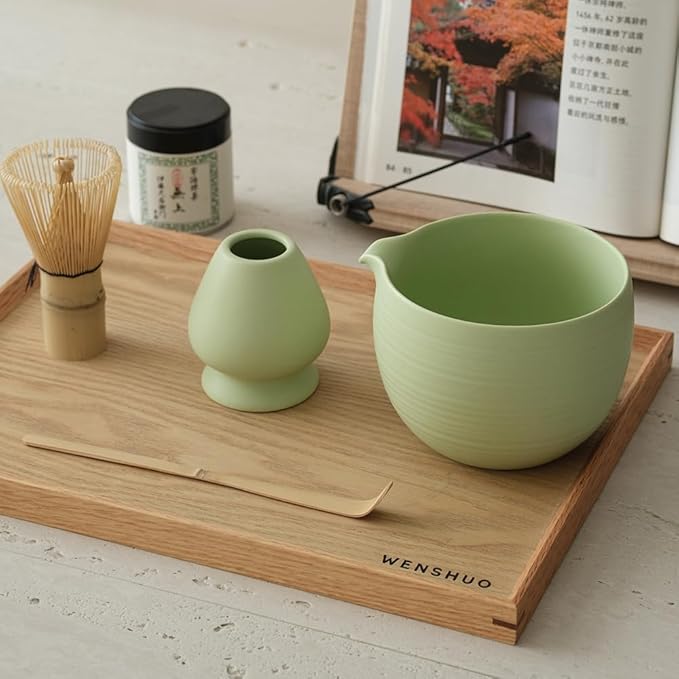 Matcha Whisk Set, Ceramic Matcha Bowl & Whisk Holder, Bamboo Accessory, Modern Design (Matte Crème, Pouring Spout) (Mint Green)