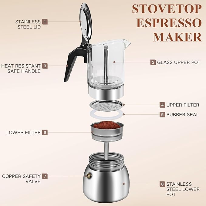 Stovetop Espresso Moka Pot, Crystal Glass-Top & Stainless Steel Italian Coffee maker, 300ml(6cup) (silver)