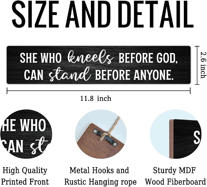 AGMDESIGN She Who Kneels Before God Can Stand Before Anyone Christian Wood Sign, Faith-Based Wall Decor for Shelf Door Desk, Bible Verse Wood Hanging Plaque for Prayer Room Bedroom Home Office Church - Image 2