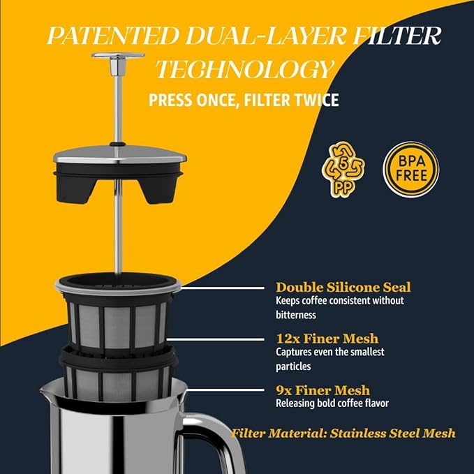 ESPRO P7 Polished French Press Stainless Steel 304 – Patented Double Walled Micro-Filter Insulated French Press Coffee Maker, Grit-Free Brew - Heat Resistant BPA Free (18oz)