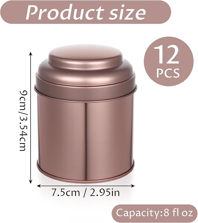 12 Pack Tea Tins Canister With Airtight Double Lids, 8 fl oz Round Mini Tea Storage Containers For Loose Leaf, Coffee, Spices and Sugar, Rose Gold
