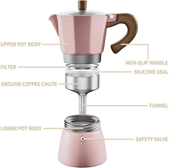 ShanSon Moka Pot Stovetop Espresso Maker 3 Cup 5 oz Italian Coffee Maker Manual Cuban Coffee Percolator Machine Italian Espresso Greca Coffee Maker for Cappuccino or Latte,Pink