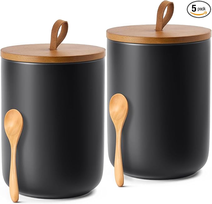 Canisters Sets for the Kitchen, Airtight Ceramic Canister with Wooden Lid, 45oz Black Coffee Canister with Scoop, 2 Piece Flour Sugar Storage Containers, Food Storage Jars for Countertop