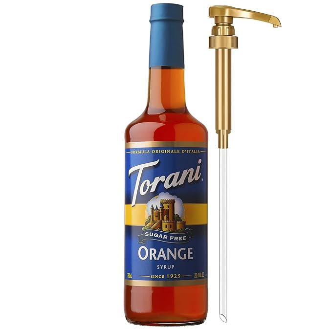 Torani Sugar Free Syrup, Orange Flavoring for Drinks, Zero Calorie, Glass Bottle with Pump Included, 25.4 Fl Oz
