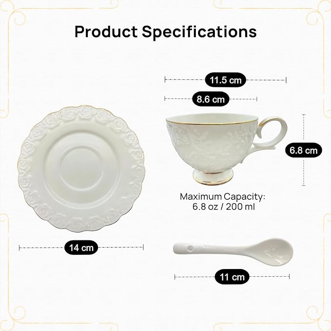 Tea Cup and Saucer Set for 1, Coffee Cup with Saucer and Spoon, Espresso Latte Cup for Women Gift, Dishwasher Safe, 6.8 Oz