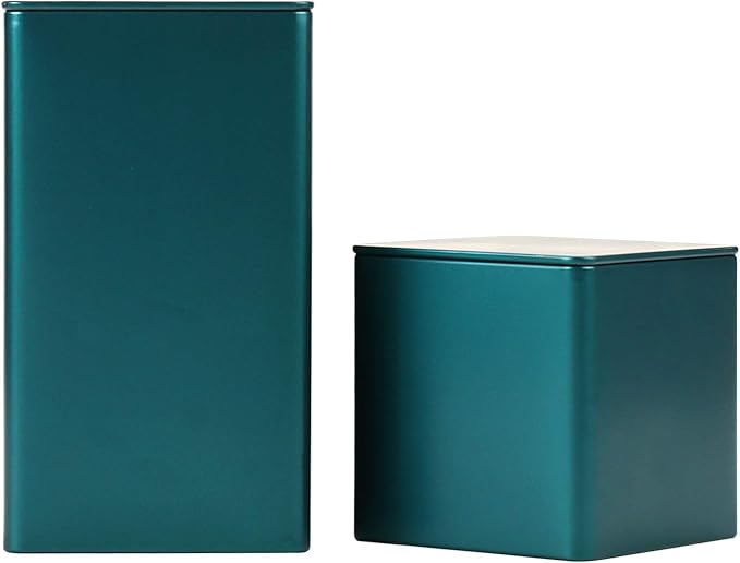 Storage Cube Tin Can Square Empty Metal Box Container Small Steel Canister for Treats, Gifts, Favors, Loose Tea, Coffee and Crafts (1*Large+1*Small, Emerald Green)