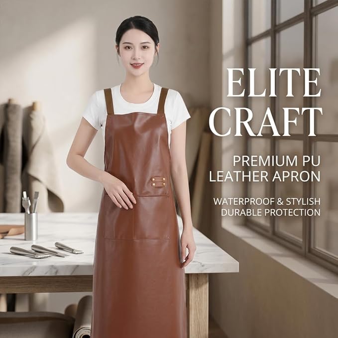 Waterproof Apron Large Pocket PU Material Waterproof Oil-proof Dust-proof Apron Black and Red - Image 2