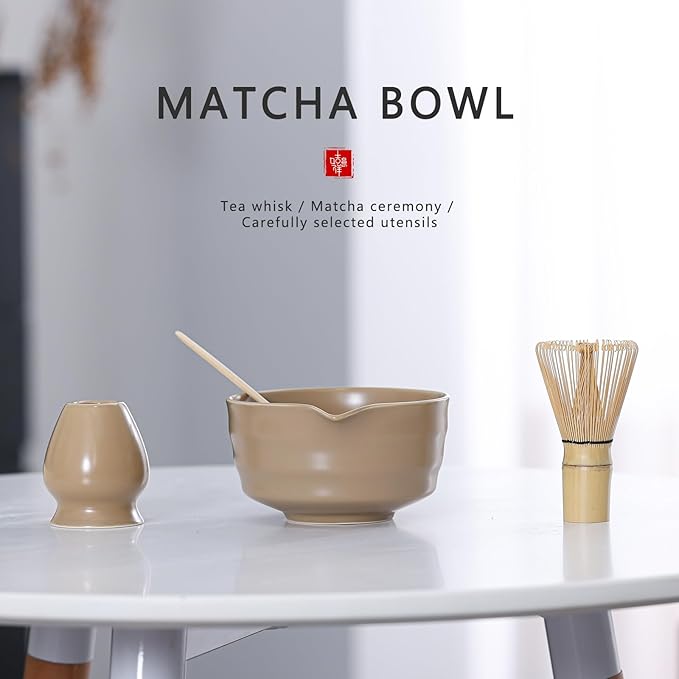 Matcha Tea Set – Traditional Japanese Ceremony Kit with 18.5OZ Ceramic Bowl, Bamboo Whisk, Scoop, and Holder – Ideal for Authentic Matcha Preparation and Gifting (Mocha Brown)