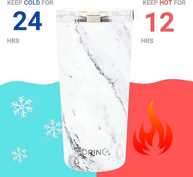 Drinco - 20 oz Stainless Steel Tumbler | Double Walled Vacuum Insulated Mug With Lid, 2 Straws, For Hot & Cold Drinks (20oz Calacatta Marble)