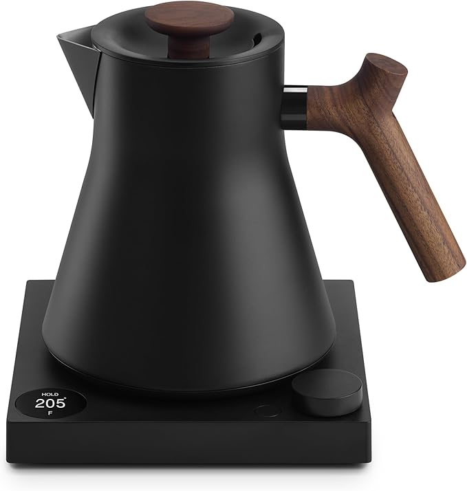 Fellow Corvo EKG Pro Studio Edition Electric Tea Kettle - Quick Heating, Precise Temperature Control, Scheduling, Built-in Brew Timer - Matte Black with Walnut Handle - 0.9 Liter