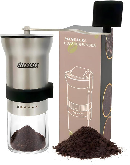 Manual Coffee Grinder, Portable Stainless Steel Hand Crank, 6 Coarseness Settings, Burr Coffee Grinder with Ceramic Burrs, Perfect for Families, Camping
