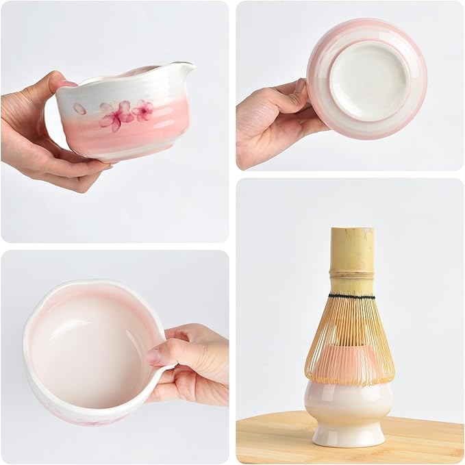 7PCS Matcha Whisk Set, Sakura Cherry Bloosm Matcha Kit Gift for Women Birthdays Mom Girls Kids and Matcha Tea Lover, with Bamboo Whisk, Holder, Bowl, Scoop, Sifter, Towel, and Elegant box