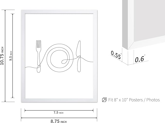 Poster Master Vintage Minimalist Poster - Retro Illustration Print - Fork, Plate, Knife, Line Drawing, Simple - Gift for Artist, Friend - Wall Decor for Kitchen, Restaurant, 8x10 White Framed