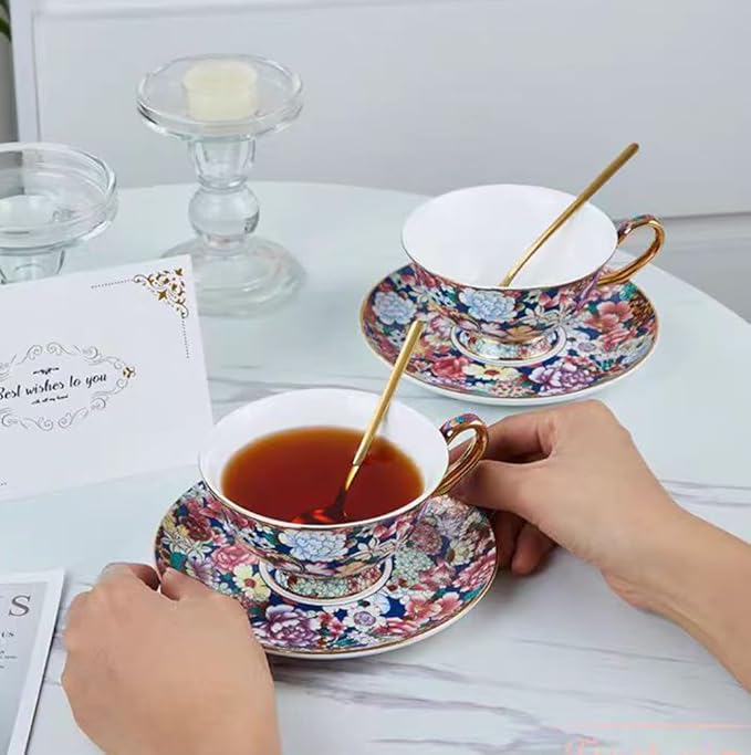 Cup& Saucer Set Bone China Tea Coffee Cup for Breakfast Afternoon Tea- Embossed Floral Pattern (Multicolor)
