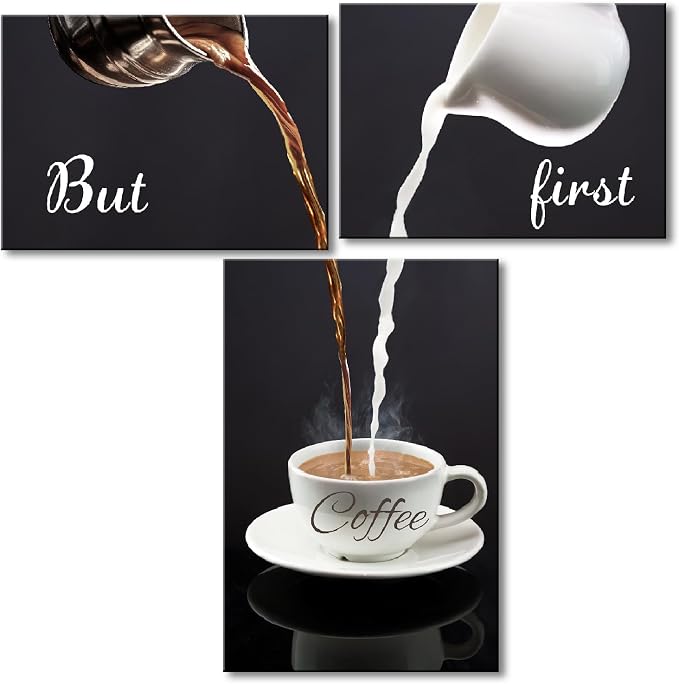 Pinetree Art Coffee Bar Wall Decor for Kitchen - But First Coffee Sign - Kitchen Canvas Wall Art for Modern Home Dining Room Decorative (latte-set, Set of 3) by PinetreeArt