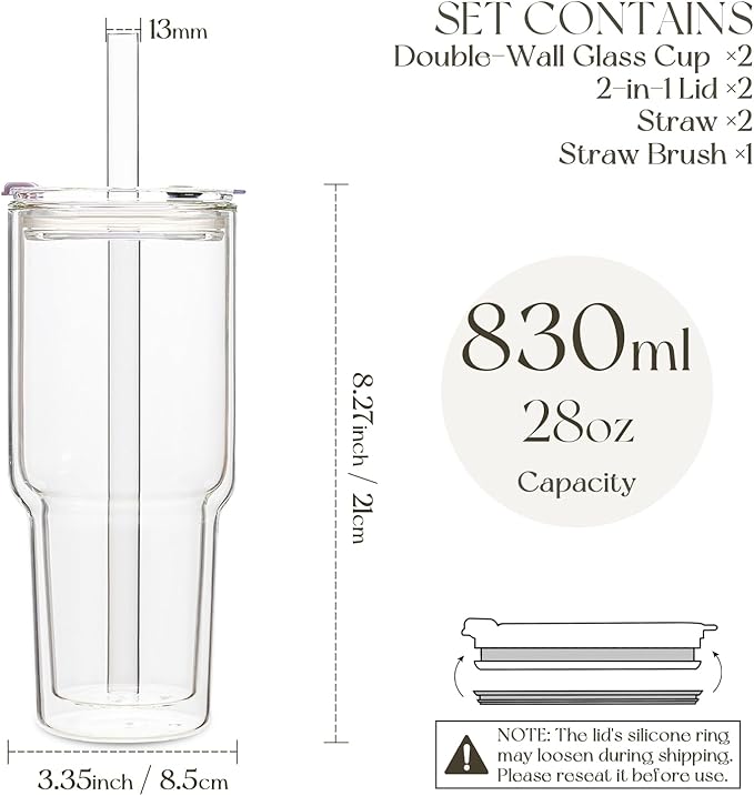 KEMORELA 28 oz Double Wall Glass Tumblers Set of 2, Extra-Wide 13mm Reusable Glass Drinking Straws, Boba Tumbler, Wide-Mouth Water Cups for Iced Coffee, Smoothies, Boba & Tea Lovers (Clear)