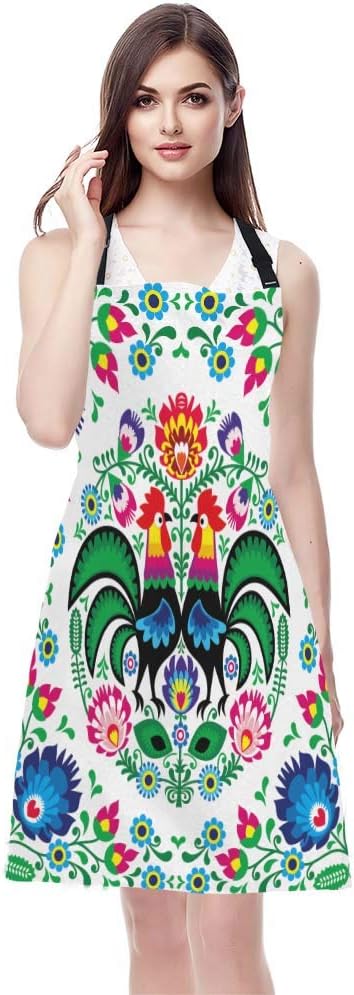 Wondertify Polish Floral Folk Art Apron,Square Pattern with Rooster Lowicz Cutouts Patterns Green Bib Apron with Adjustable Neck for Men Women,Suitable for Home Kitchen Cooking Bistro Baking BBQ Apron