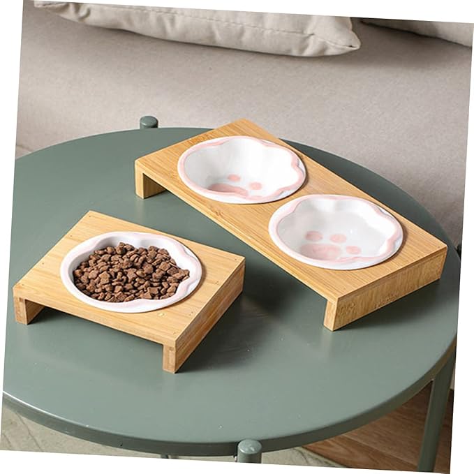 Whisker Friendly Cat Bowl Elevated Ceramic Pet Bowl Bamboo Rack Cat Food Indoor Dishes