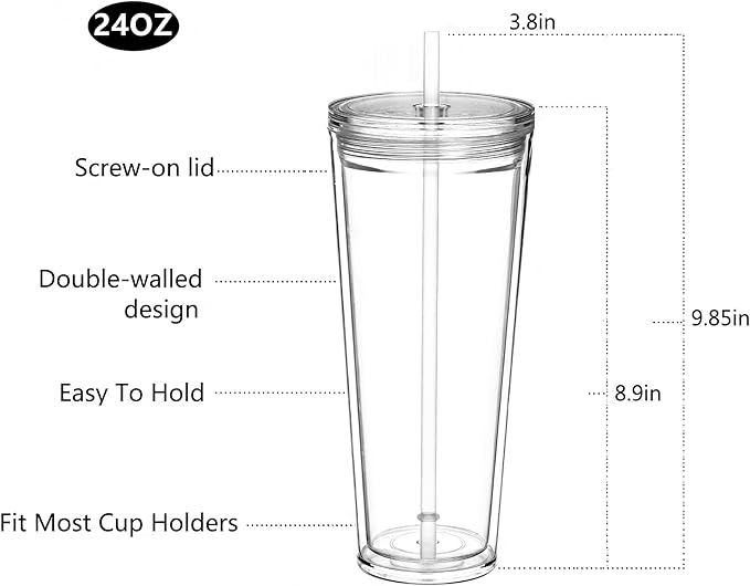 Suertestarry 24 oz Clear Tumblers with Lid and Straw, 3 Pack Plastic Tumblers, Reusable Double Wall Insulated Cups for Travel,Parties, Birthdays,Gifts(3 Pack Transparent)