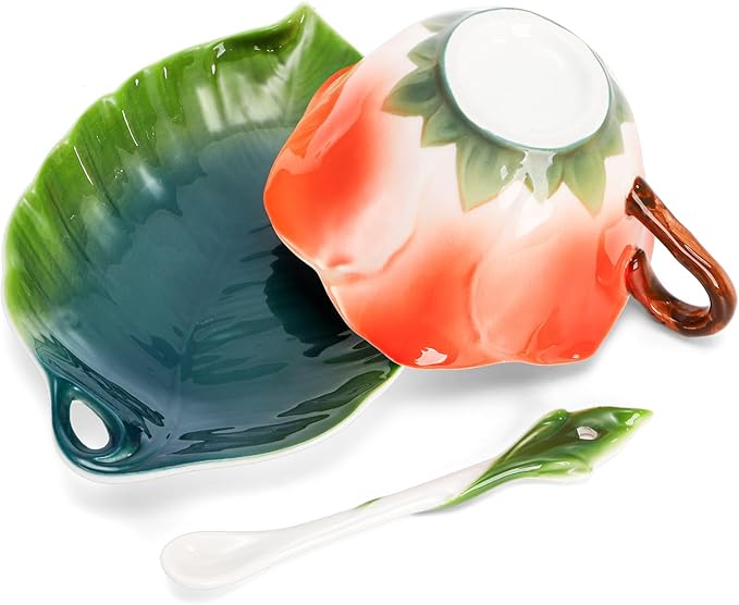 Flower Tea Cup and Saucer, 6 Oz Ceramic Coffee Mug with Spoon, 3D Handmade Vintage Drinking Cups, 3 Pieces Orange Teaware Mug for Women, Mother's Day Birthday Gift Party (Floral and Leaf)