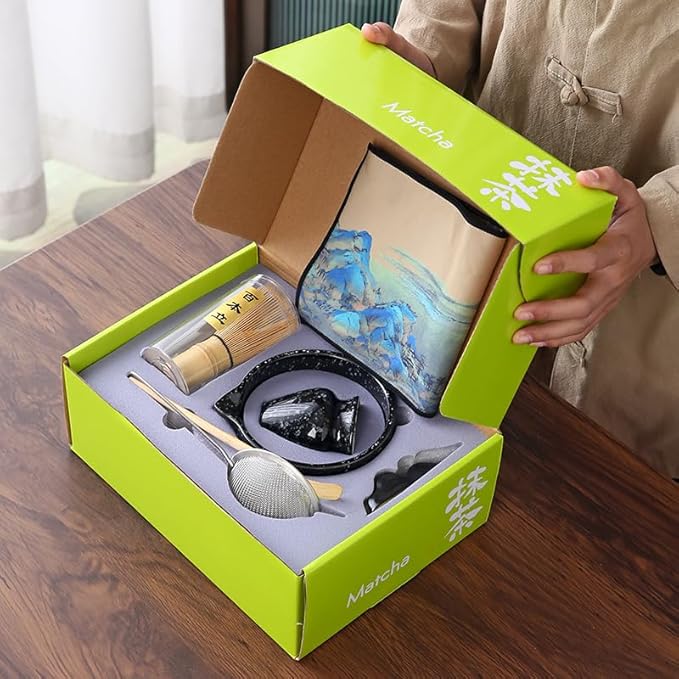 7pcs matcha whisk set Includes Matcha Bowl, Matcha Whisk Holder, Bamboo Matcha Whisk, Scoop and Matcha Sifter, 15 oz Mottled Matcha Kit for Tea Lovers matcha Set,