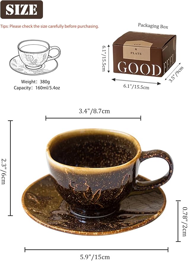 Ceramic Coffee Cup and Saucer Set 5.4oz (160ml), Brown Speckled Glaze Espresso Cup with Plate, Small Cappuccino Cup for Home, Café, Office
