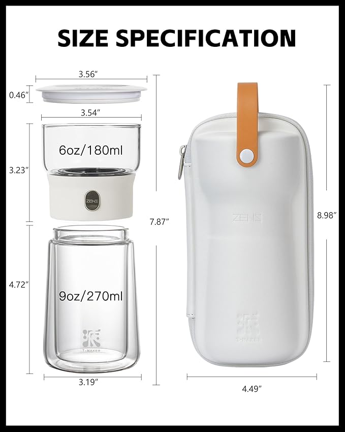 ZENS Modern Tea Pot, Glass Teapot with Infusers for Loose Tea Diffusers with One Touch Pouring, Cool Portable Tea Maker with Insulated Tea Mug and Travel Tea Kits for Tea Lover Gifts