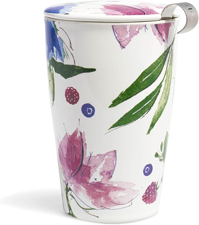 Tea Forte Double-Walled Ceramic Kati Cup, Removable Stainless Steel Infuser Basket and Lid, Steeps 12 oz Loose Leaf Tea, Dishwasher & Microwave Safe, Herbal Retreat