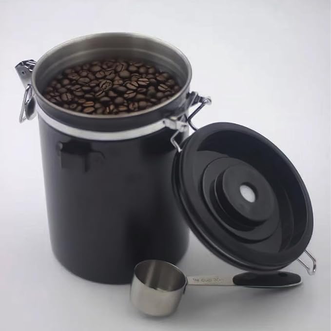Airtight Coffee Canister – 22oz Stainless Steel Coffee Container with 2 tbsp Scoop & Date Tracker, Black – Food Storage Jar for Beans, Tea & Pantry Essentials