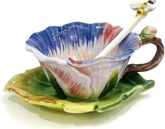 Ceramic Pansy Coffee Cup and Saucer Set with Spoon，6OZ 3D Hand-Painted Flower Tea Mug，Gift for Women (Pinkish Purple)