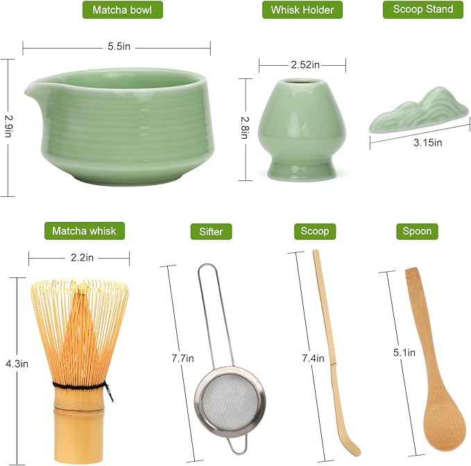 Matcha Whisk Set,7pcs Green Matcha Set includes Matcha Bowl (19 oz),Bamboo Matcha Whisk and Matcha Scoop,Matcha Whisk Holder,Stainless Steel Sifter,Tea Making Tools,Matcha Kit Gift for Matcha Lovers