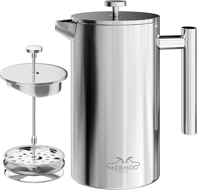 MERMOO YILAN French Press 34oz Insulated Stainless Steel Coffee Maker Unbreakable Coffee Press Easy to Clean for Home, Camping, Travel (Silver)
