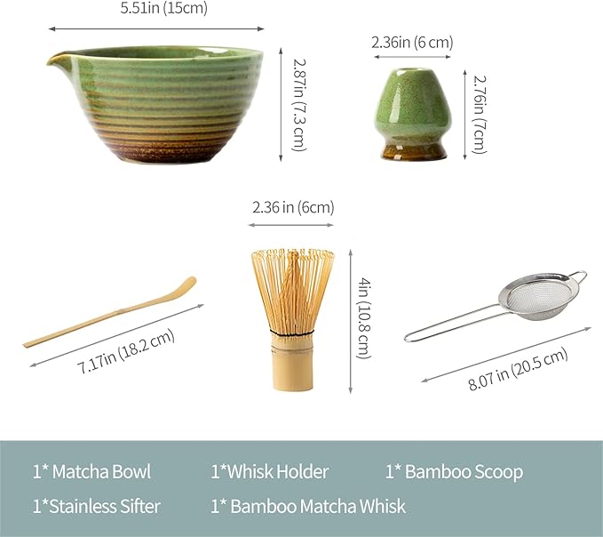 Traditional Matcha Tea Ceremony Set with Ceramic Bowl, Bamboo Whisk, Stand and Strainer, 5-Piece (green)