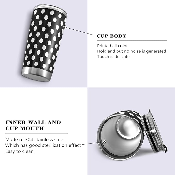 Tumbler Polka Dot Black White Insulated Coffee Cup Beverage Container Travel Mug with Straw and Lid Double Wall Stainless Steel 20oz BPA-Free for Sport, Back to School