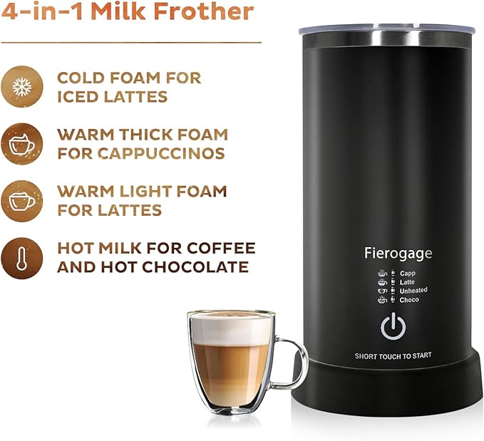 Touch Button Milk Frother and Steamer,Fierogage Electric 4 in 1 Automatic Hot and Cold Foam Maker and Milk Warmer for Latte,Cappuccinos,Macchiato,8.4oz/250ml Black