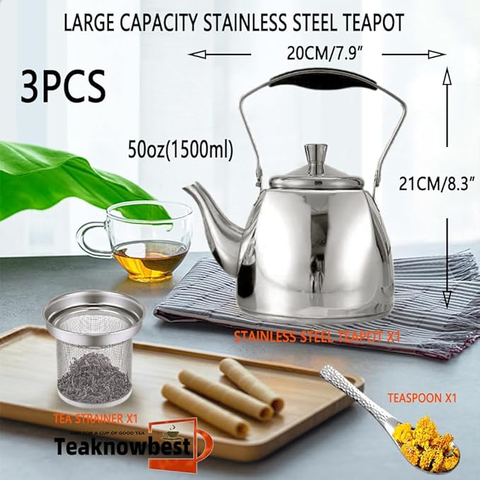 Stainless Steel Tea Pots with Infuser, Loose Leaf Tea Pot 50oz, Tea Pot for Stove, Dishwasher Safe (1500ml)