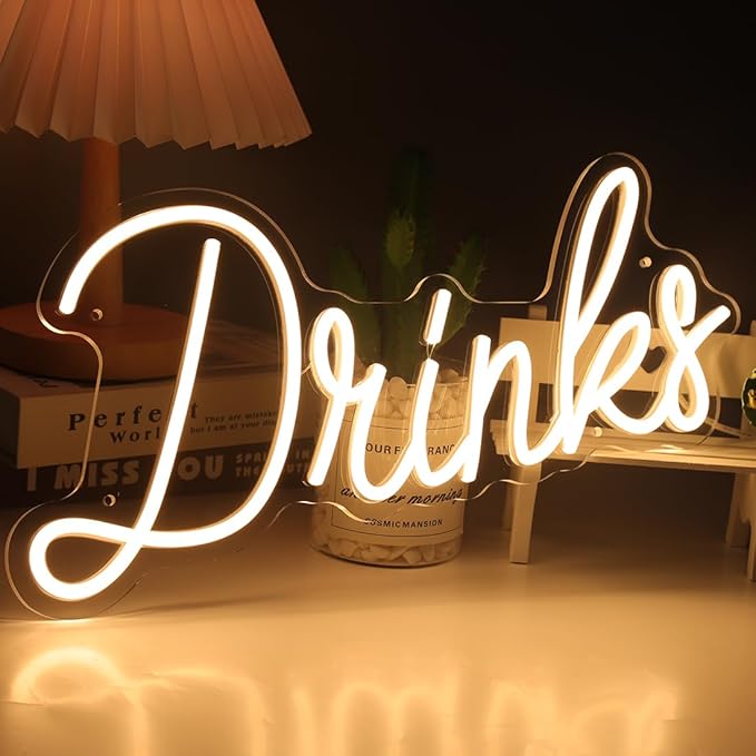 Britrio Warm White Drinks Neon Sign for Home Bar Kitchen Dinning Room Letter Light Birthday Party Bedroom Restaurant Cafe Man Cave Wall Art Decoration 5V USB Powered