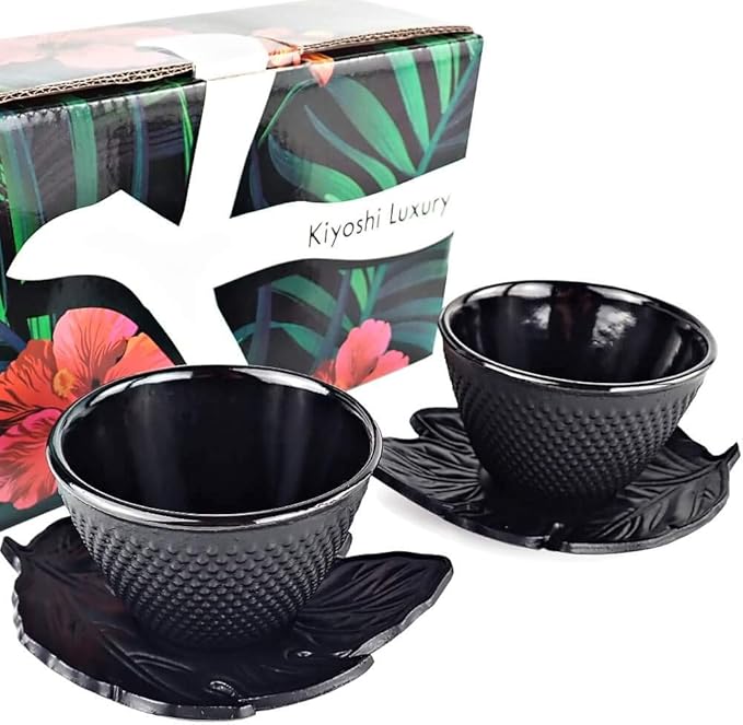 Japanese Tea Cups - 4pc Black Cast Iron Set, 2 Tea Cups and Saucers, 4oz Each