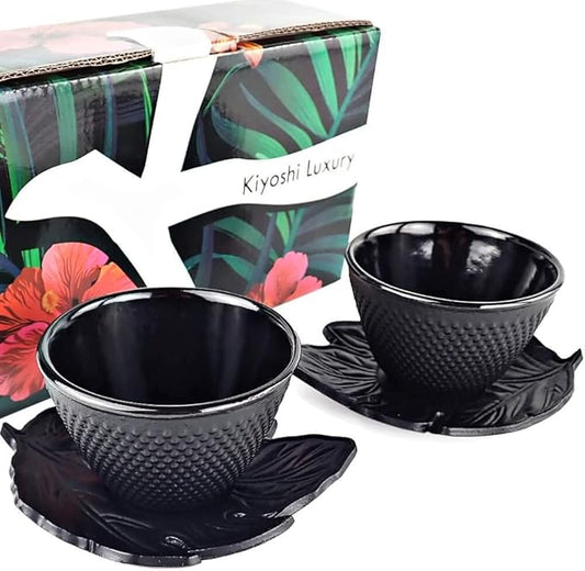 Japanese Tea Cups - 4pc Black Cast Iron Set, 2 Tea Cups and Saucers, 4oz Each