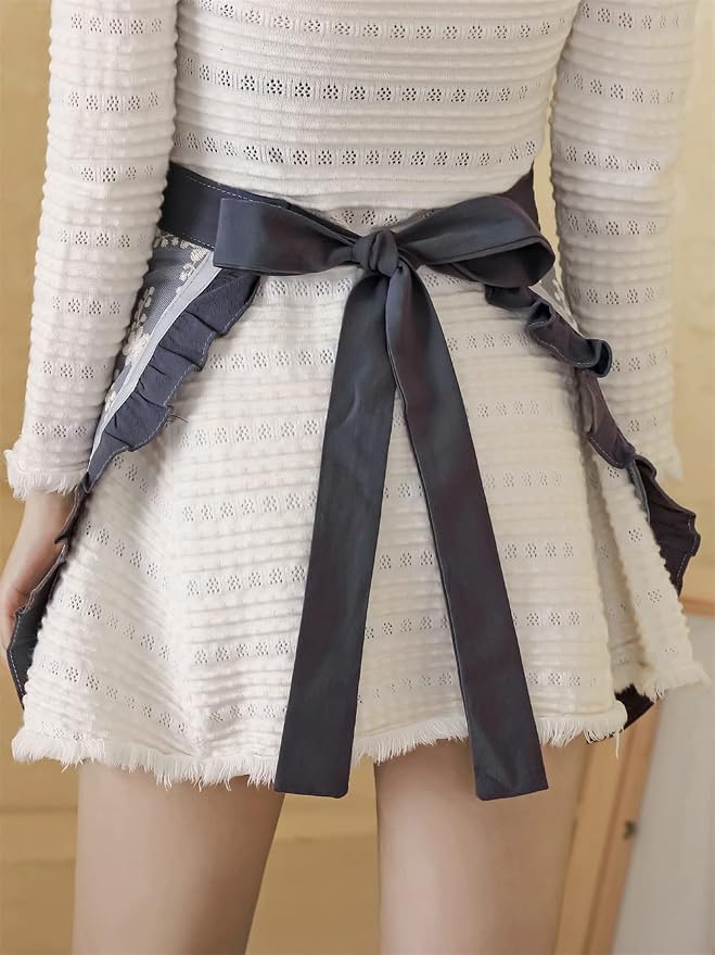Unisex Chef Aprons White Retro Cotton Maid Short 2 Pockets Waist Waiter Waitress Half Apron - Image 3